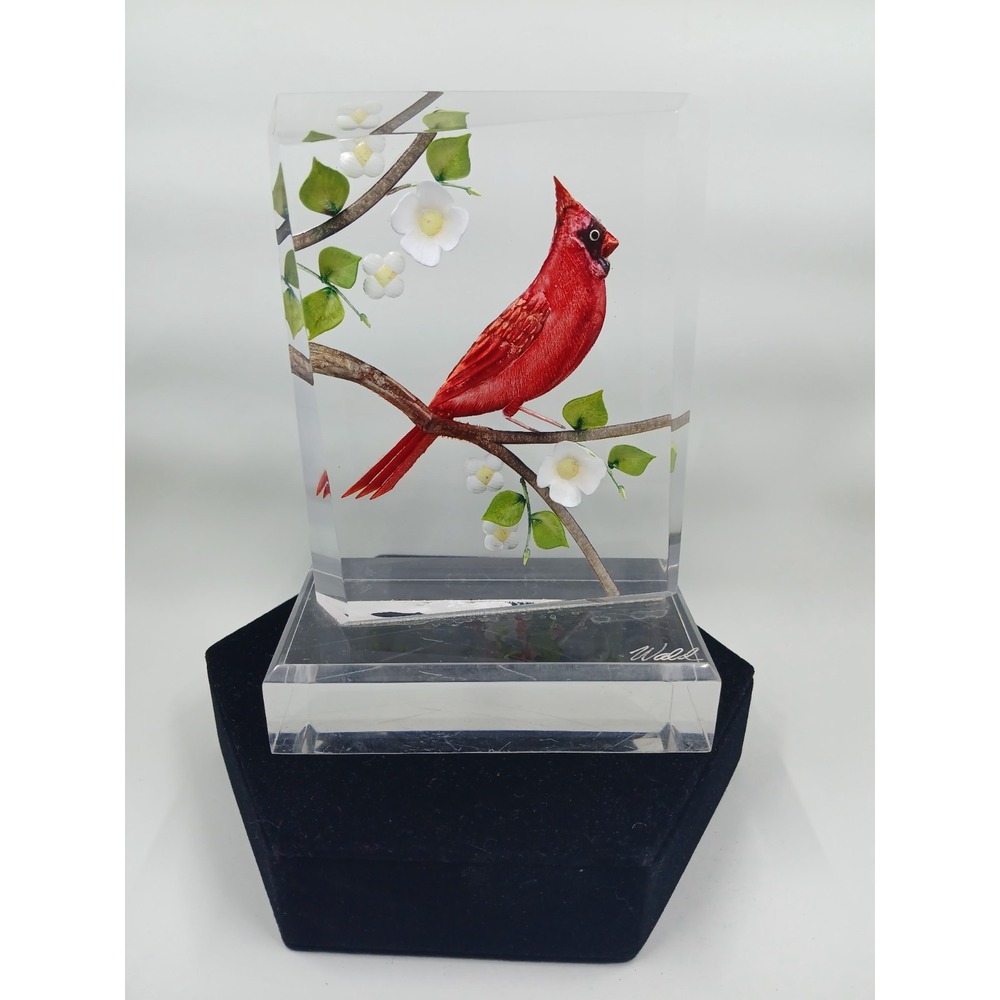Vintage Signed Hand Painted Lucite Cardinal Reverse Painted Paper Weight By Wald